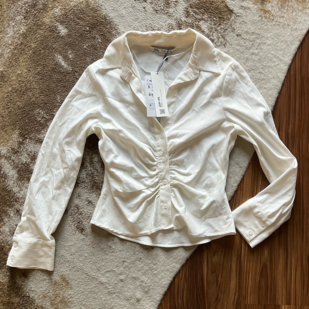 Zara white button down work blouse with a fitted waist